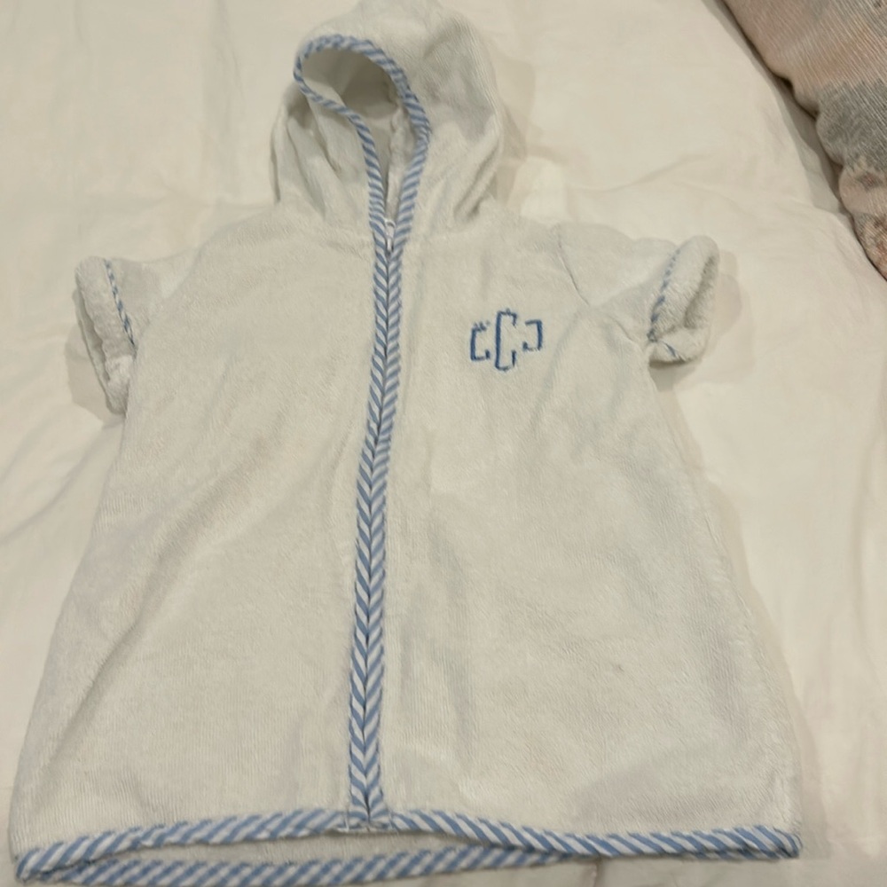 White hooded toddler zip-up towel cover-up with initials “LJC”